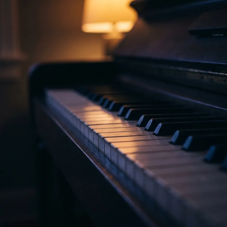 Les touches d'un piano vues de très près, dans une lumière ambrée.
