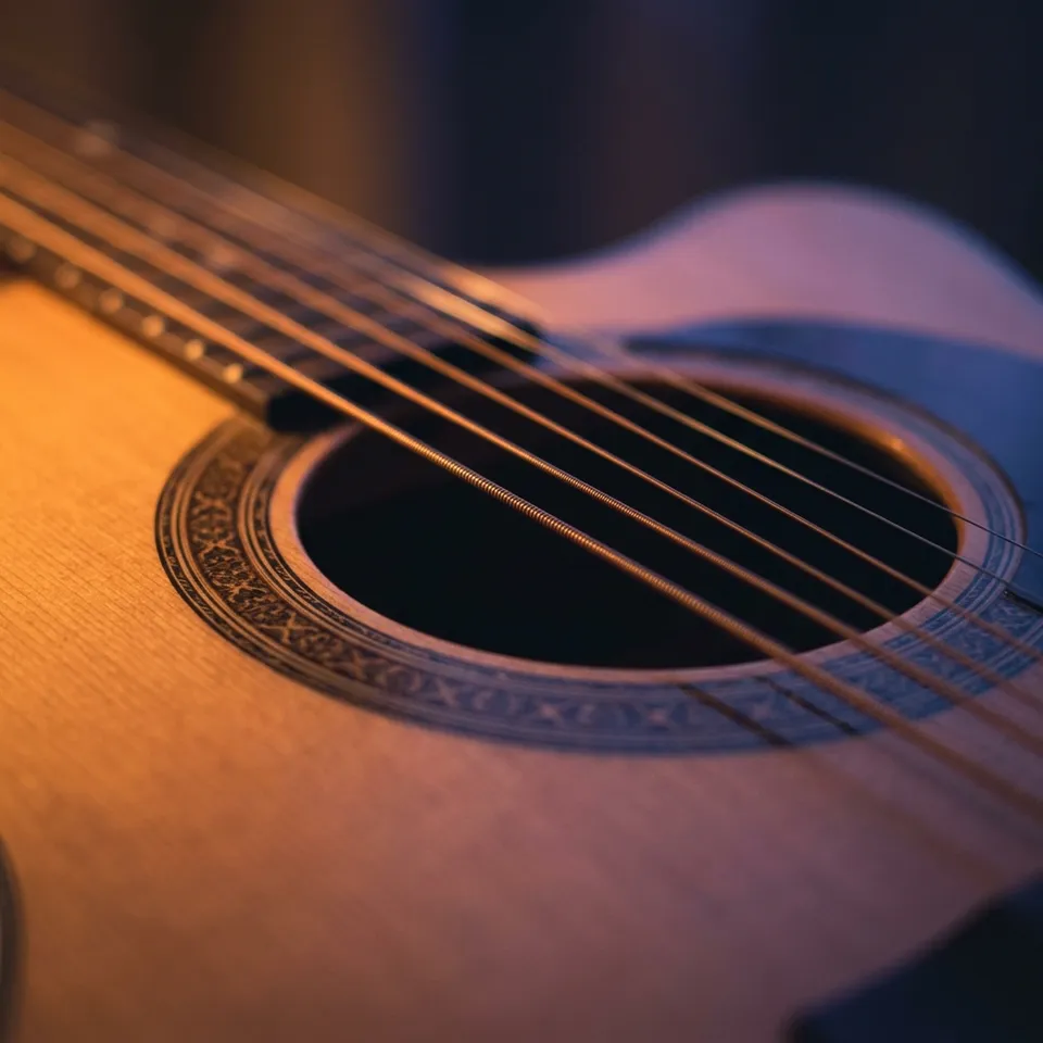 La rosace et les cordes d'une guitare acoustique, en gros plan.