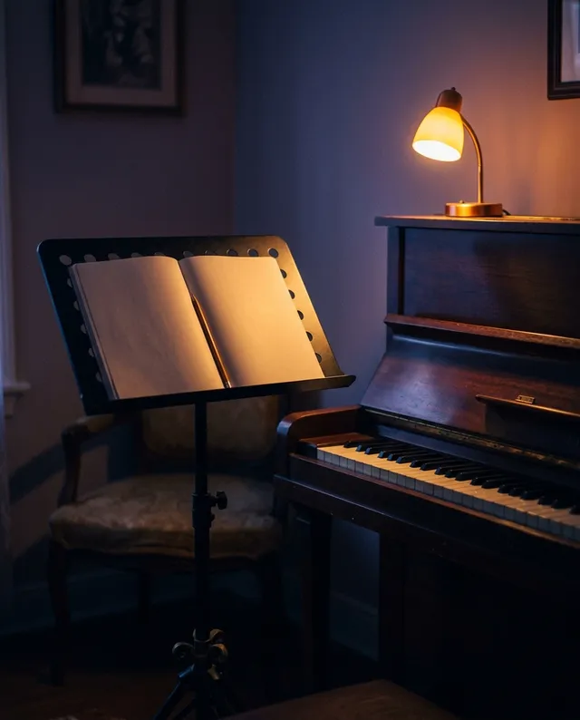Un pupitre avec un cahier ouvert et un crayon, à côté d'un piano droit éclairé par une lampe.